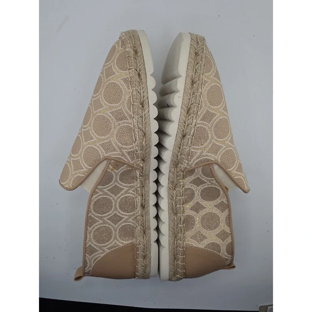Nine West Womens Espadrille‎ Slip On Flats Beige Gold Logo Print Size 9